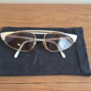 Yves Saint Laurent Gold and White Cat-Eye Sunglasses with Brown Lenses